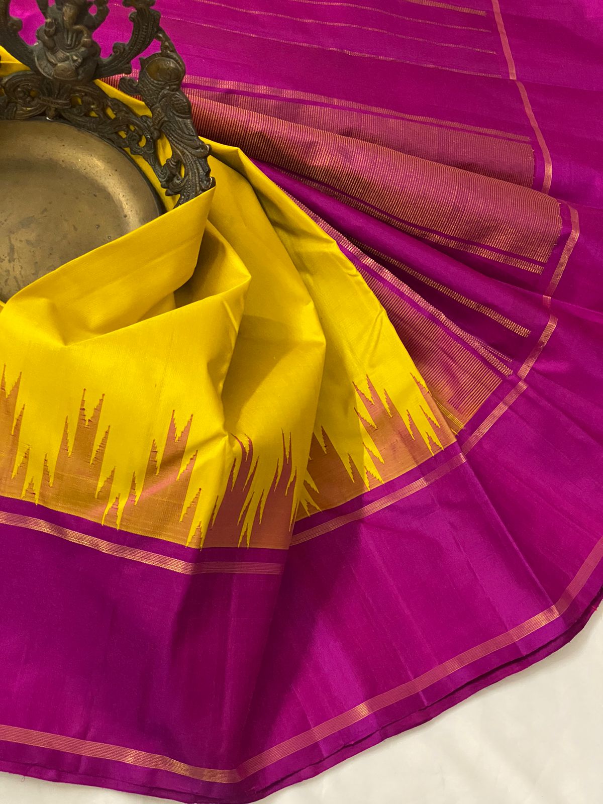 YELLOW / PINK TEMPLE  SILK SAREE