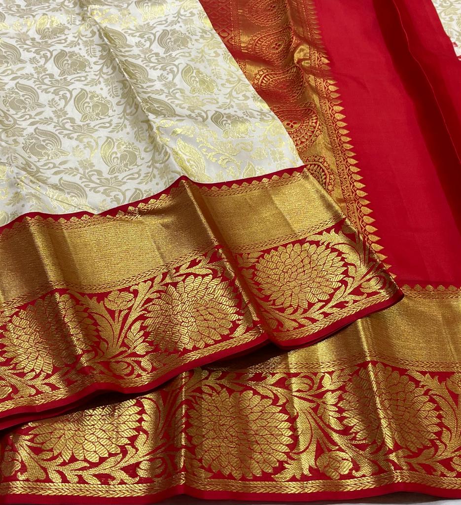 HALF WHITE / RED KANCHI SILK SAREE