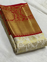 HALF WHITE / RED KANCHI SILK SAREE