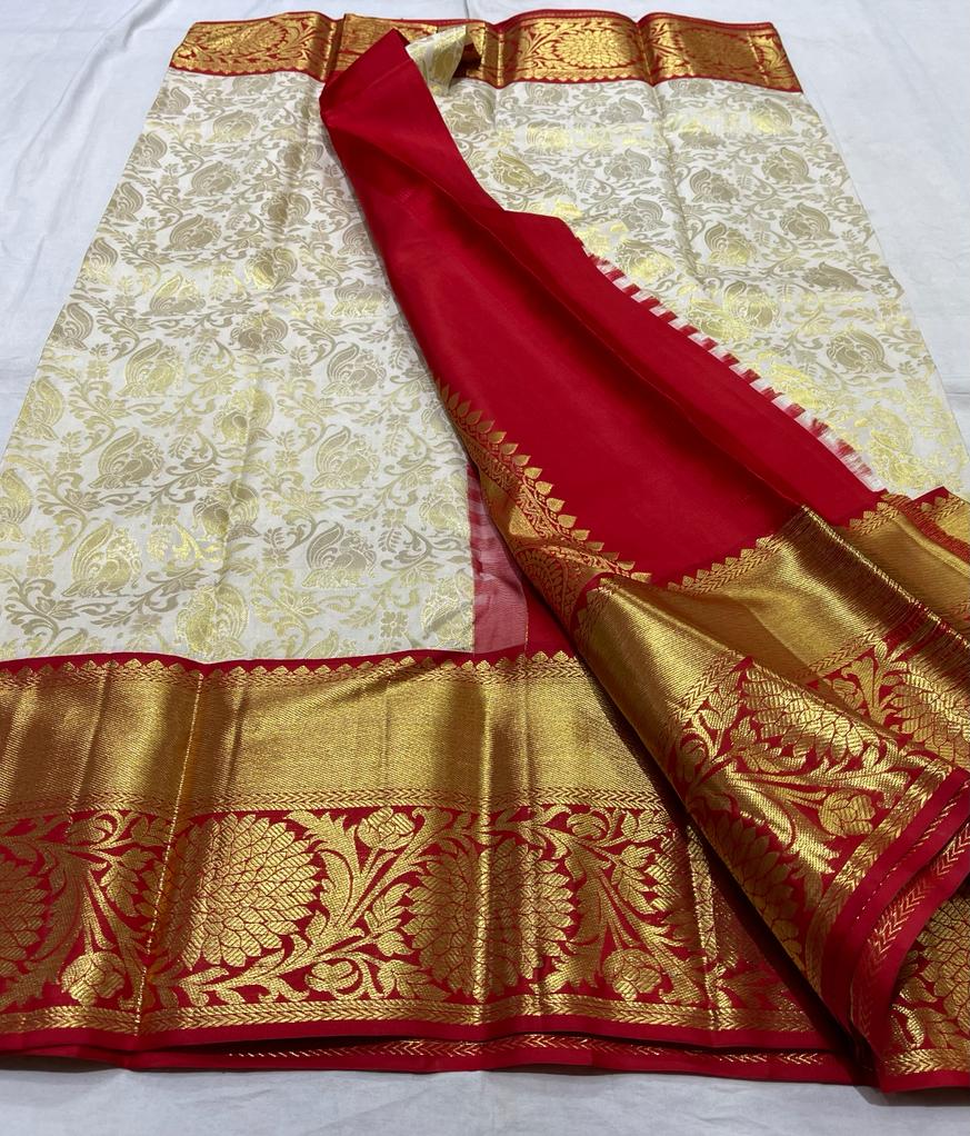 HALF WHITE / RED KANCHI SILK SAREE