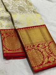 HALF WHITE / RED KANCHI SILK SAREE