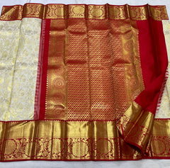 HALF WHITE / RED KANCHI SILK SAREE