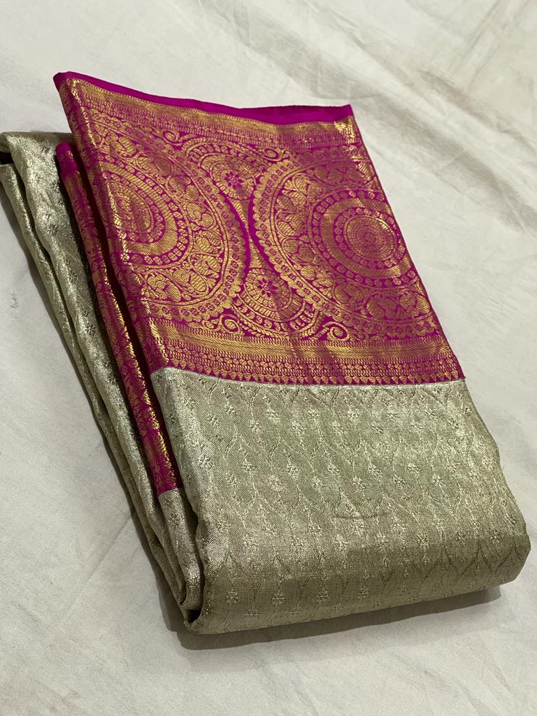 GOLD SILVER / PINK KANCHI SILK SAREE