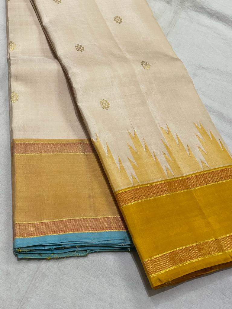 HALF WHITE / YELLOW TEMPLE  SILK SAREE