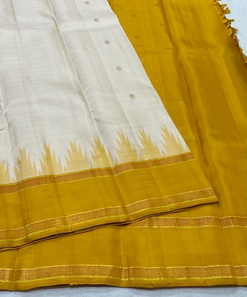 HALF WHITE / YELLOW TEMPLE  SILK SAREE