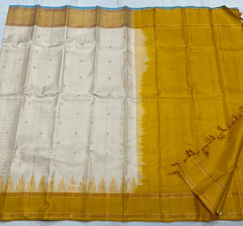 HALF WHITE / YELLOW TEMPLE  SILK SAREE