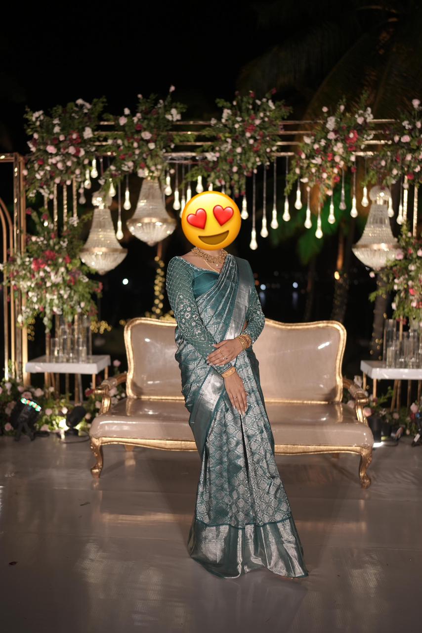 EMARALD GREEN WITH SILVER ZARI KANCHI SILK SAREE