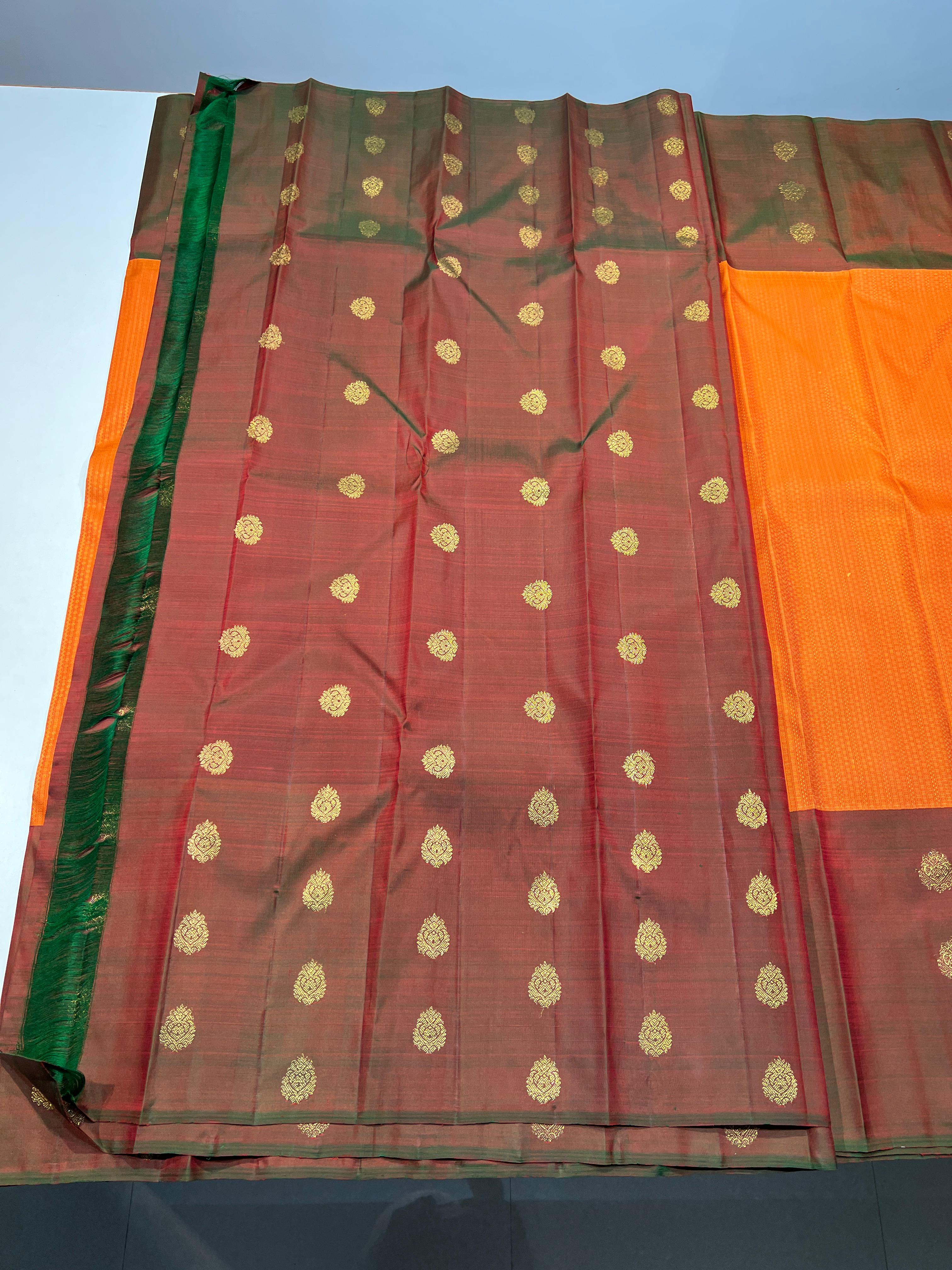 ORANGISH PINK/LITE GREEN COLOUR  KANCHI SILK SAREE