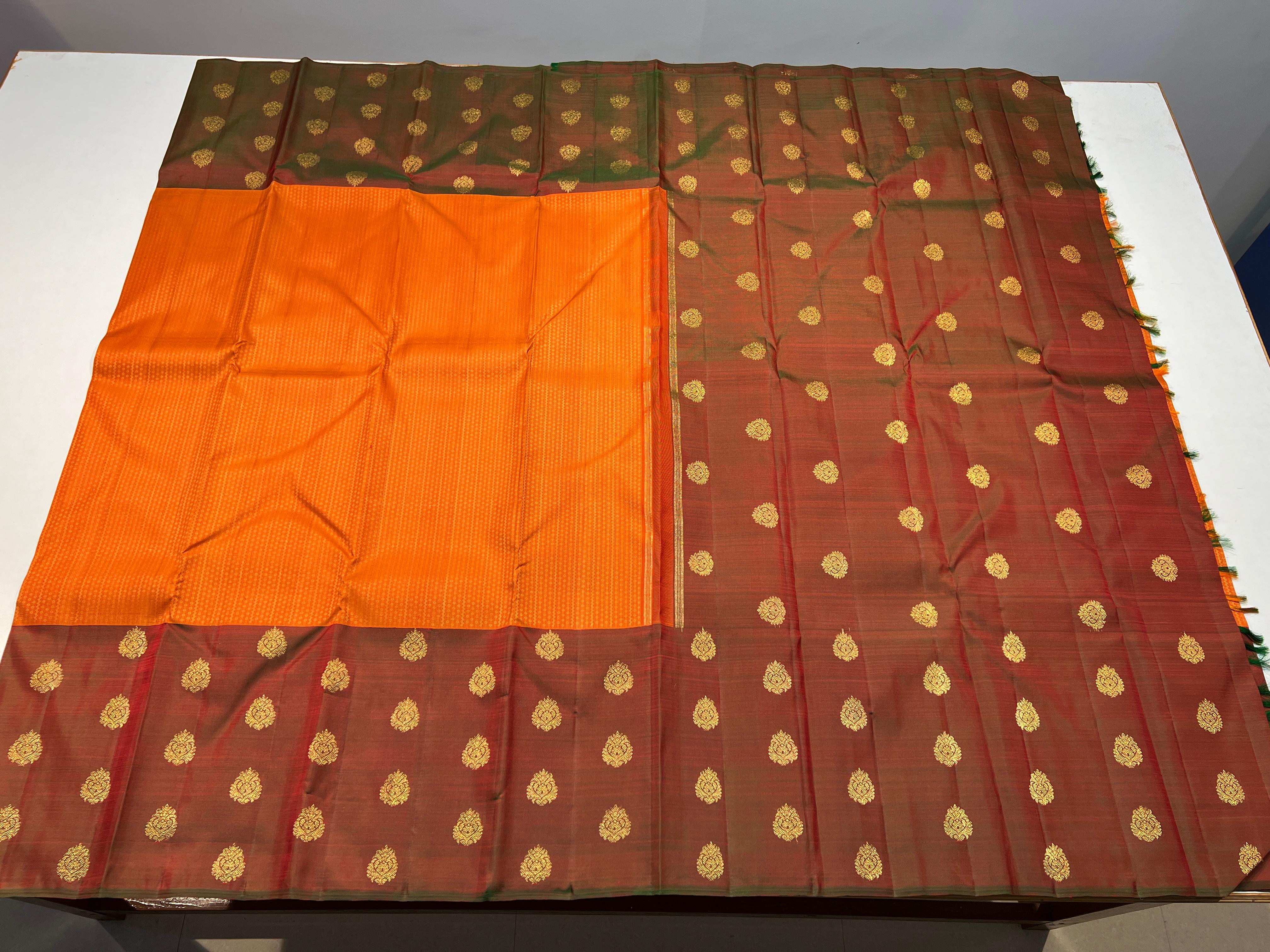 ORANGISH PINK/LITE GREEN COLOUR  KANCHI SILK SAREE