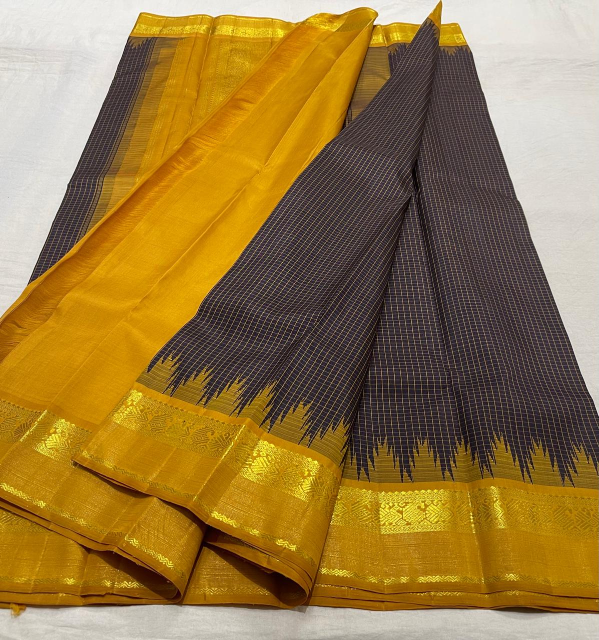 BLACK/MUSTURD YELLOWCOLOUR COMBITION PURE KANCHI SILK SAREE