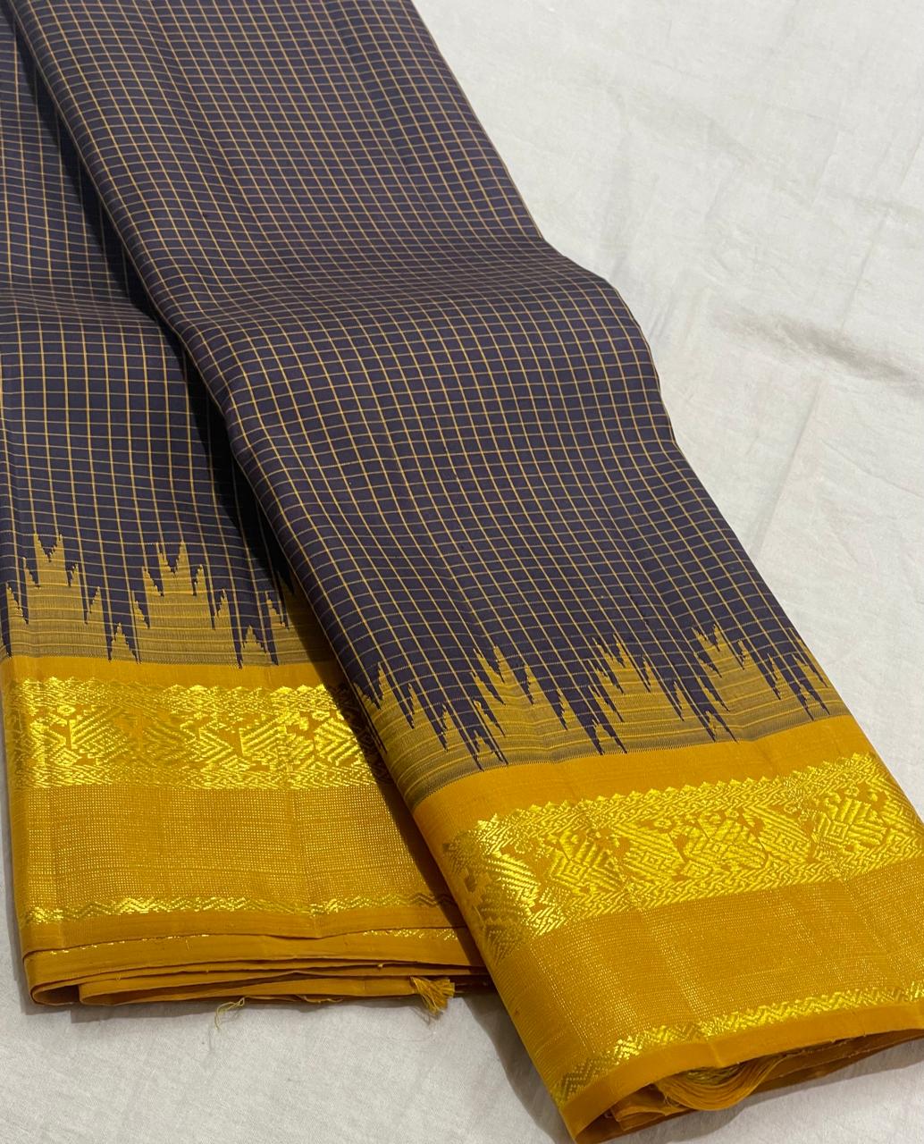 BLACK/MUSTURD YELLOWCOLOUR COMBITION PURE KANCHI SILK SAREE