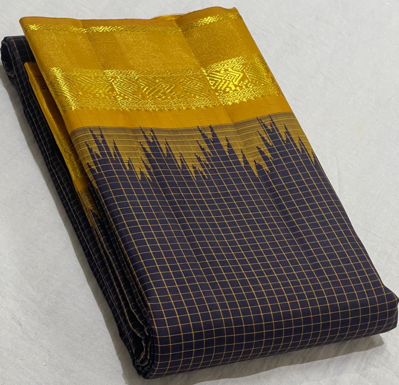 BLACK/MUSTURD YELLOWCOLOUR COMBITION PURE KANCHI SILK SAREE