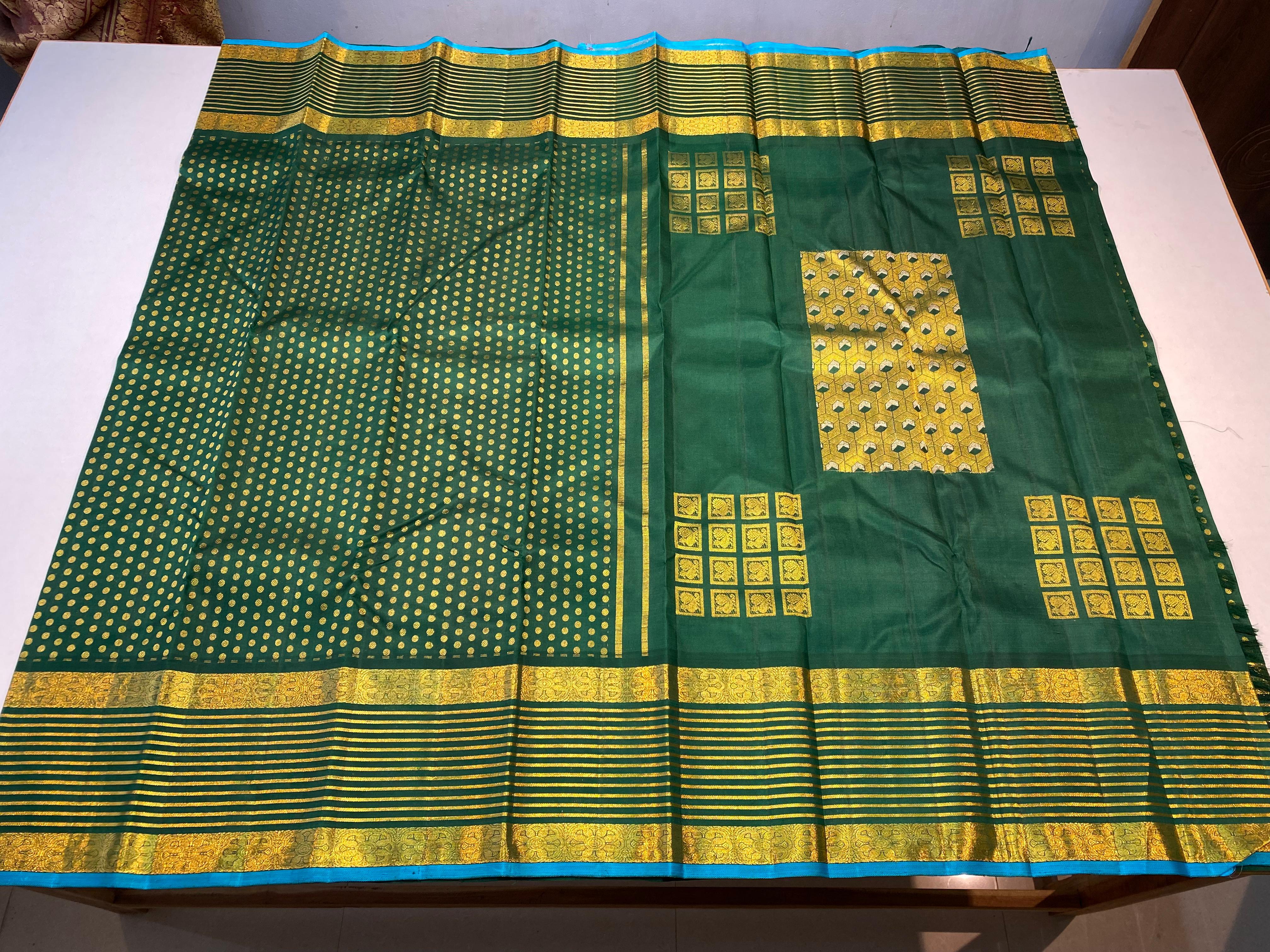 GREEN/SKY BLUE KANCHI SILK SAREE