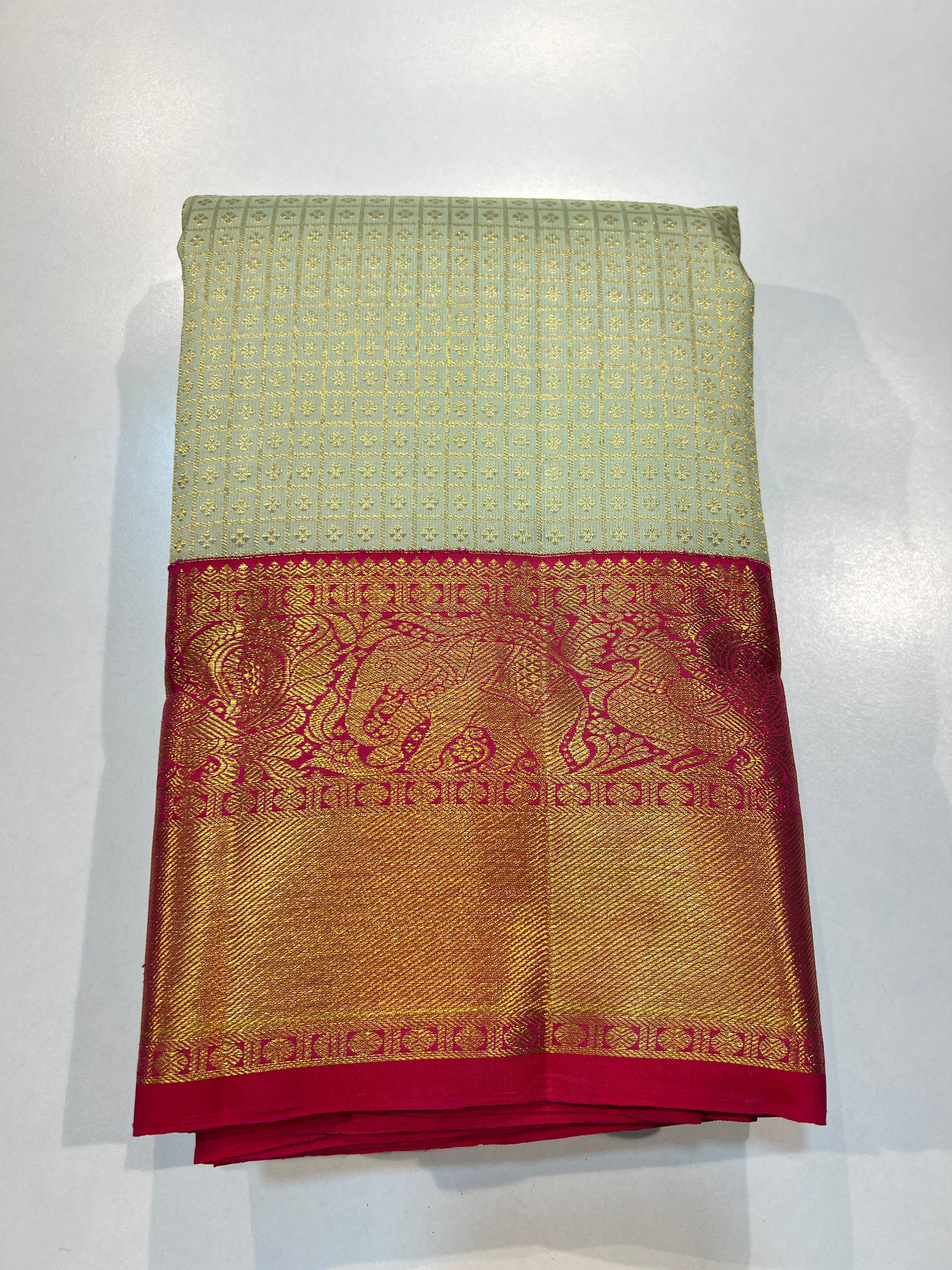 PISATA GREEN/RED PINK COLOUR COMBITION PURE KANCHI SILK SAREE