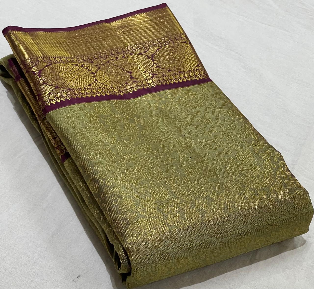 MEHANDI GREEN/MAROON  COLOUR COMBITION PURE KANCHI SILK SAREE