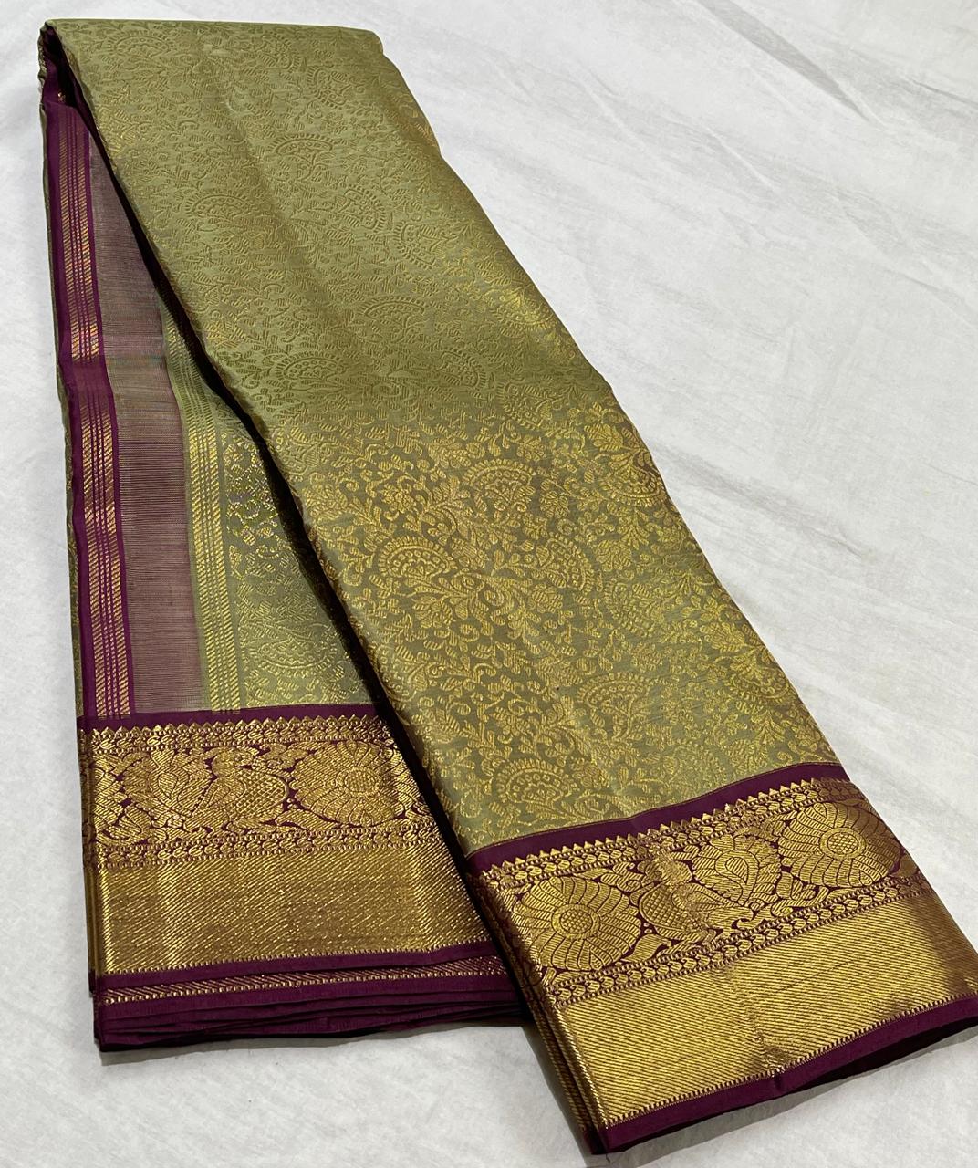 MEHANDI GREEN/MAROON  COLOUR COMBITION PURE KANCHI SILK SAREE