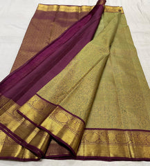 MEHANDI GREEN/MAROON  COLOUR COMBITION PURE KANCHI SILK SAREE