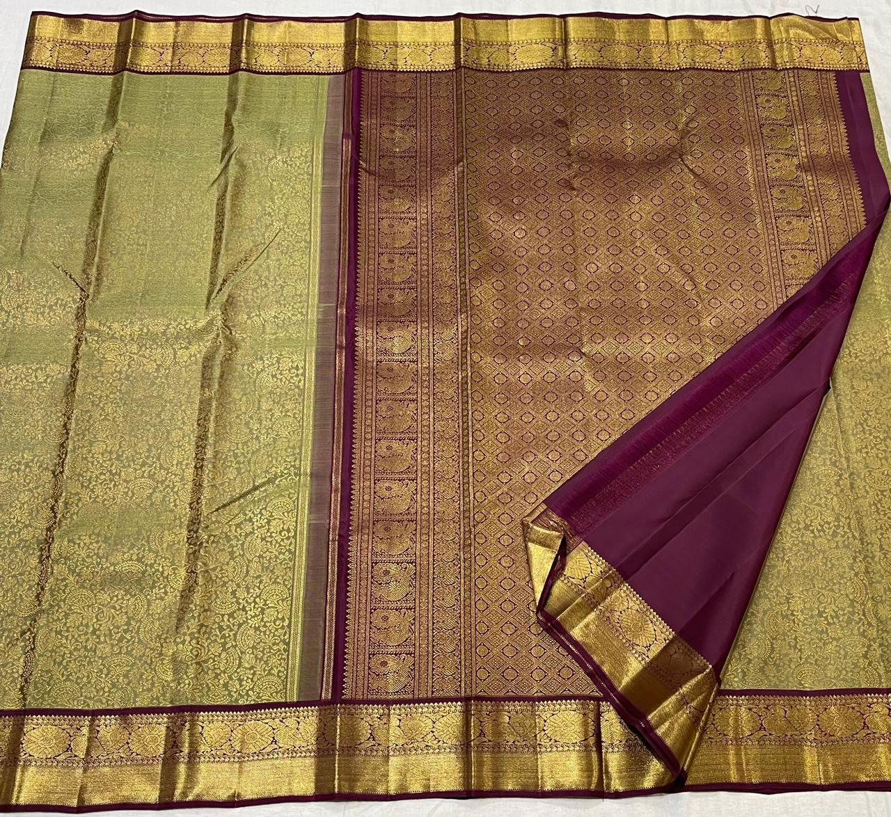 MEHANDI GREEN/MAROON  COLOUR COMBITION PURE KANCHI SILK SAREE