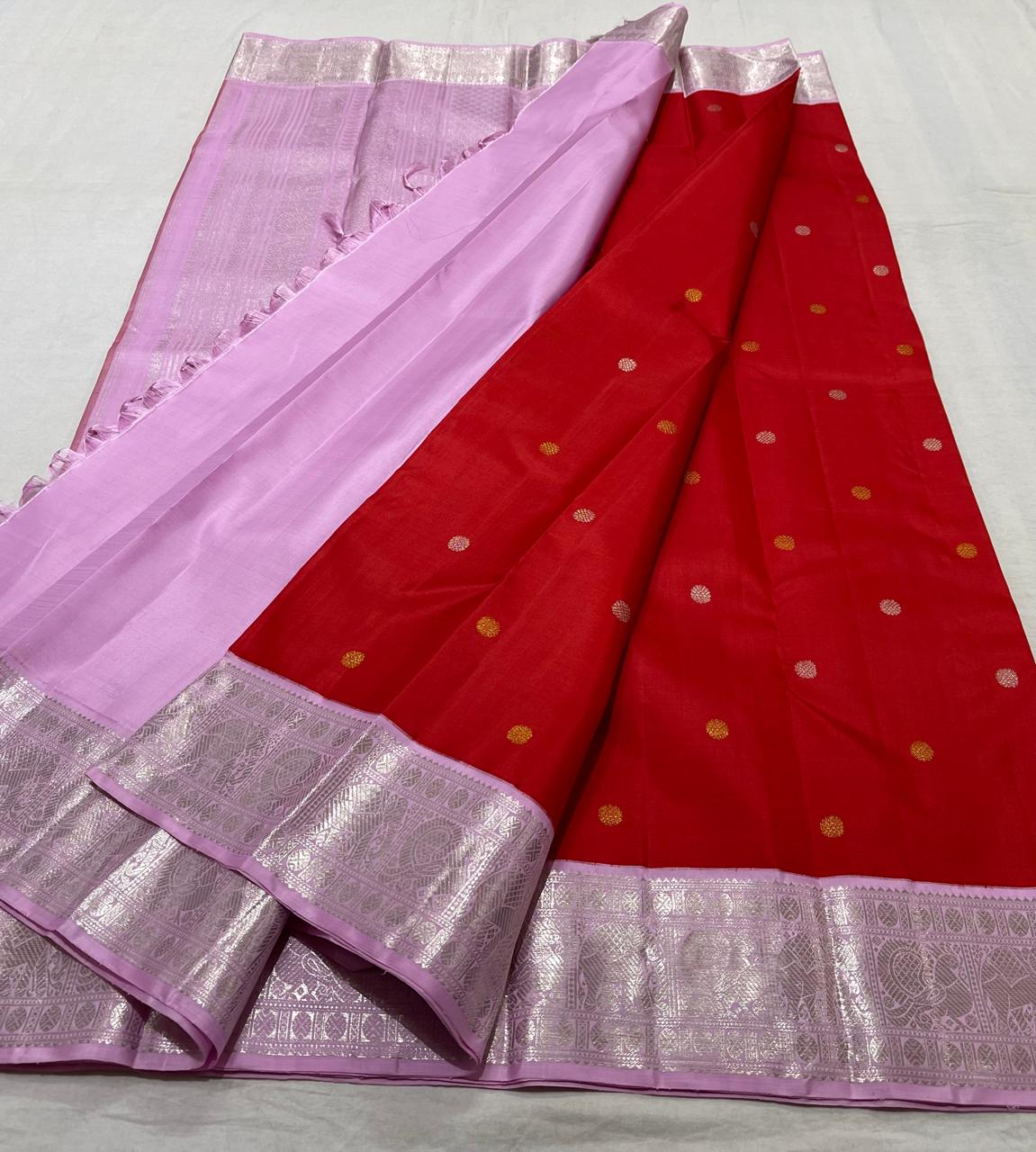 RED/BABY PINK  COLOUR COMBITION PURE KANCHI SILK SAREE