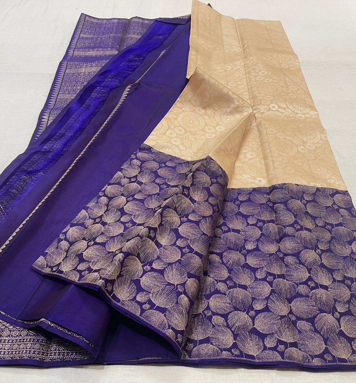 CREAM/BLUE KANCHI SILK SAREES