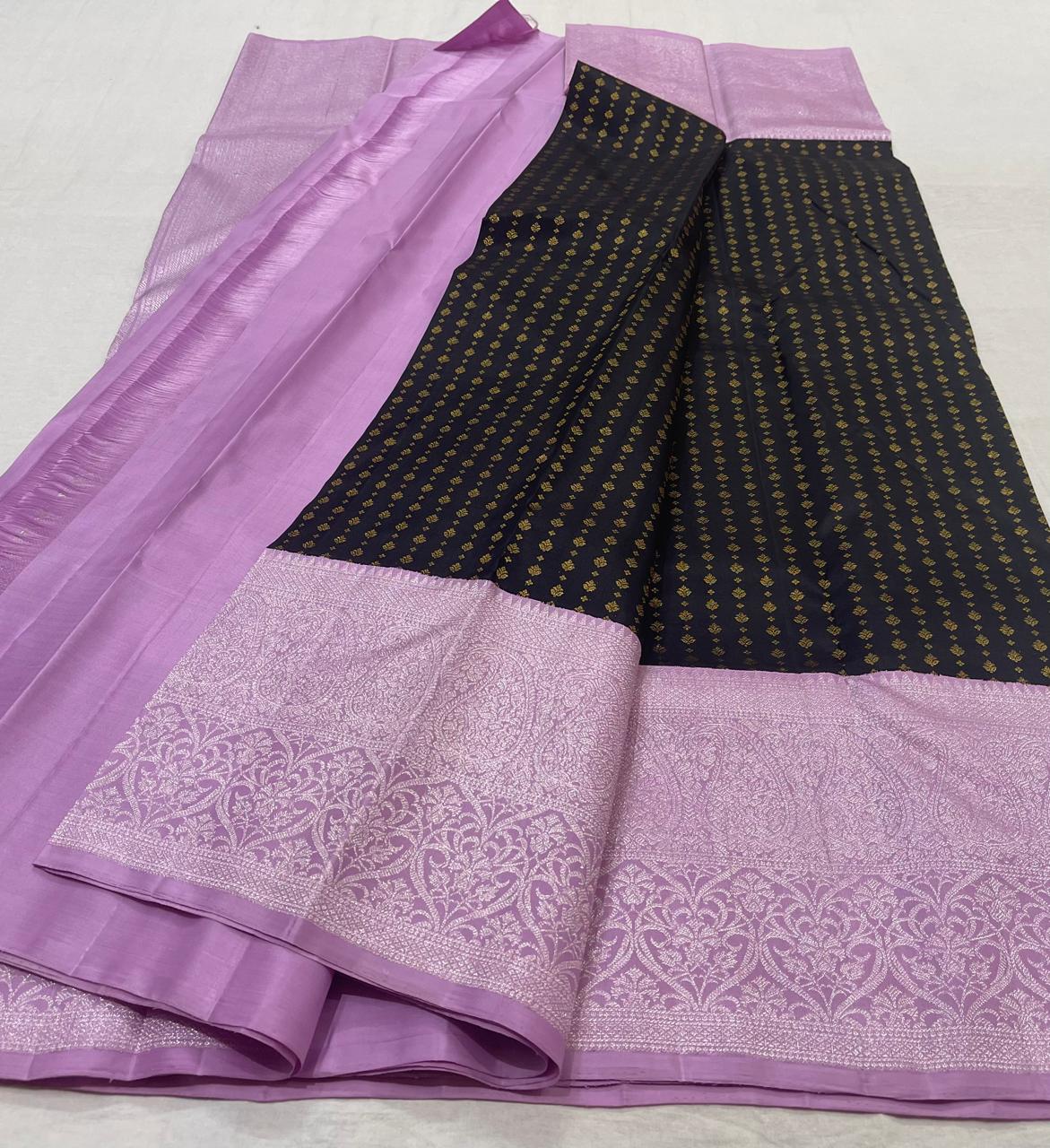 BLACK/LAVENDER BORDER KANCHI SILK SAREE