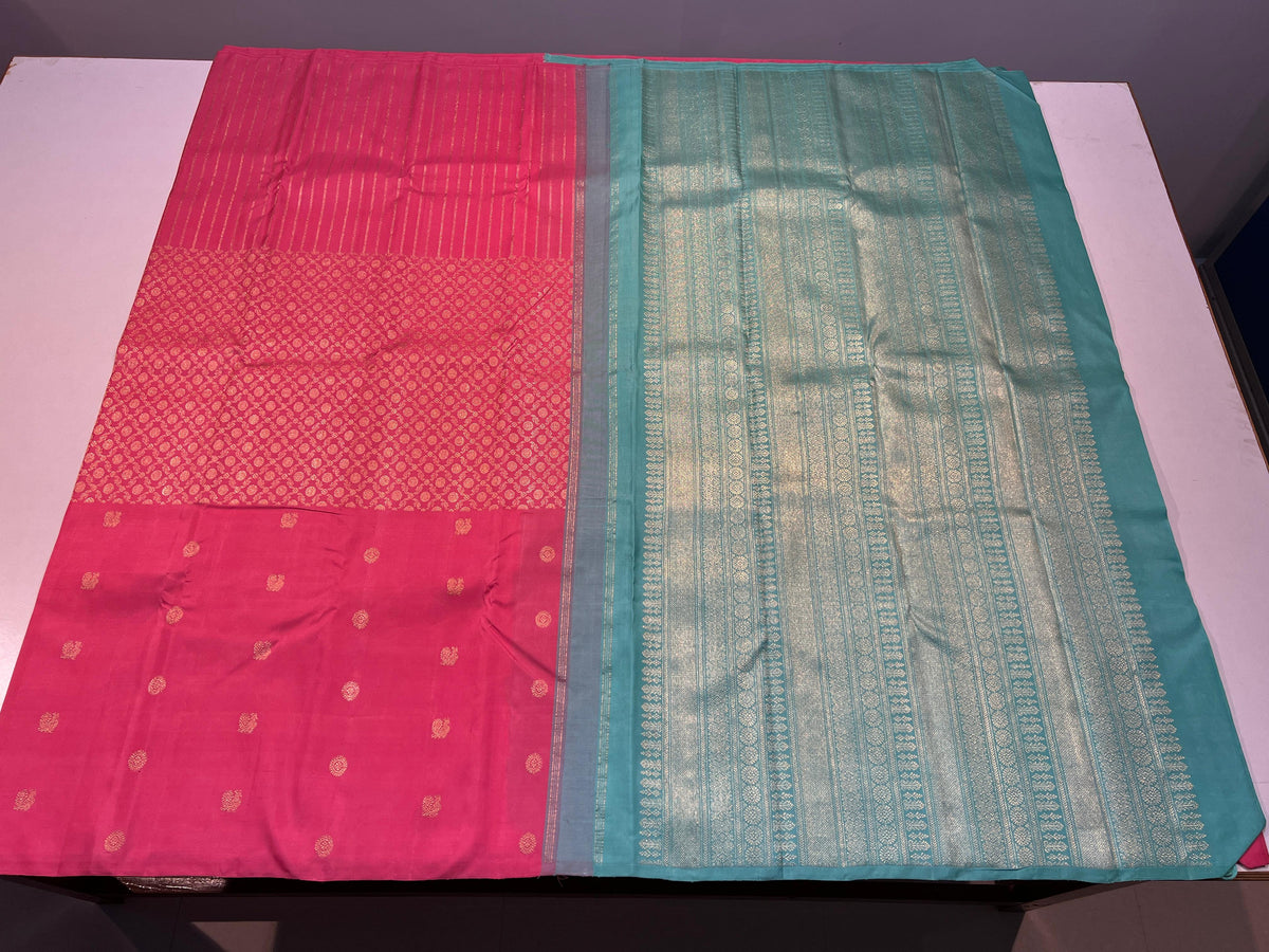 PASTEL PINK/TURQUOISE GREEN KANCHI SILK SAREE