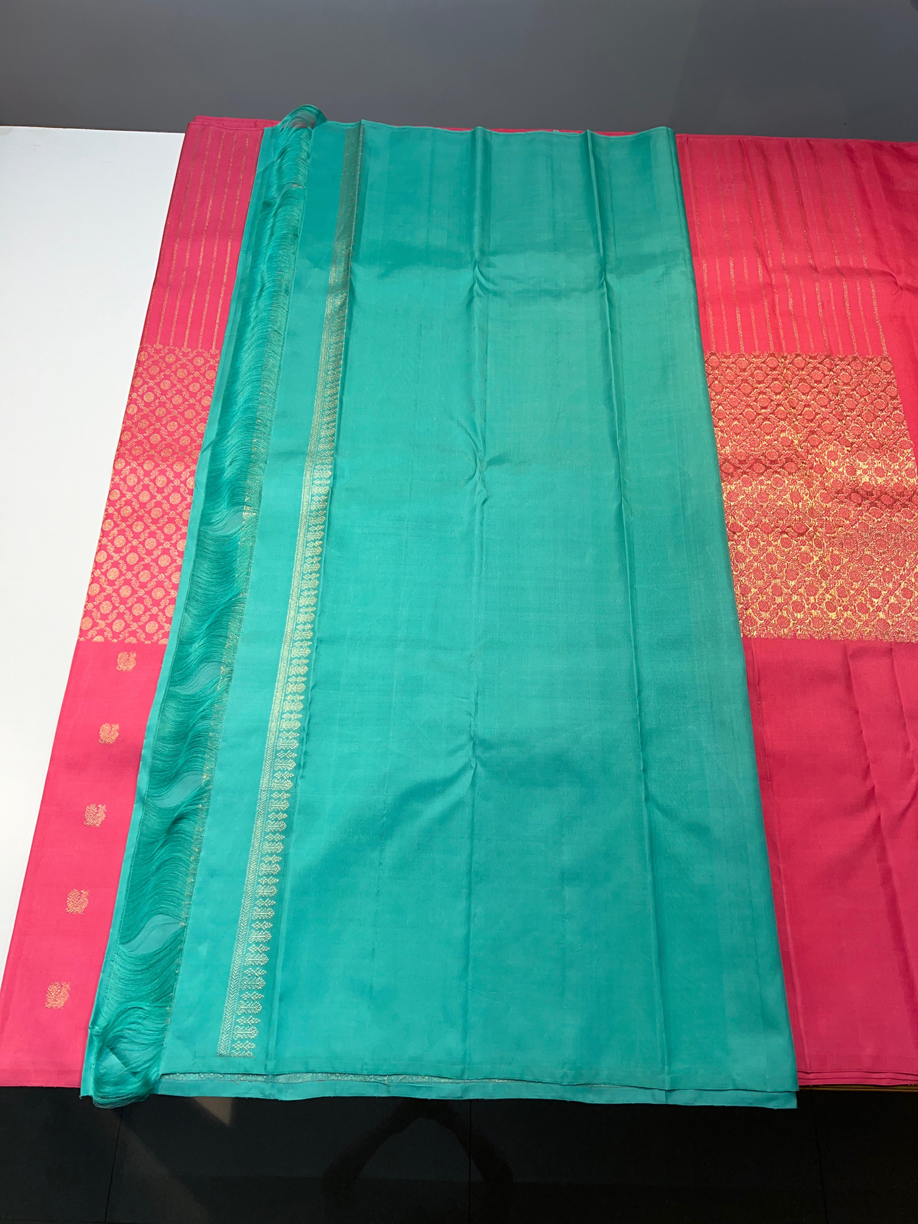 PASTEL PINK/TURQUOISE GREEN KANCHI SILK SAREE