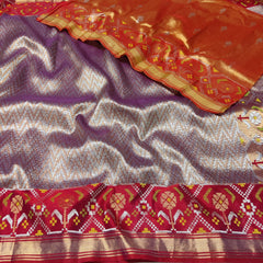 SILVER/COPPER/LEVENDER SHADE /RED BORDER  ZARI KOTA SAREE