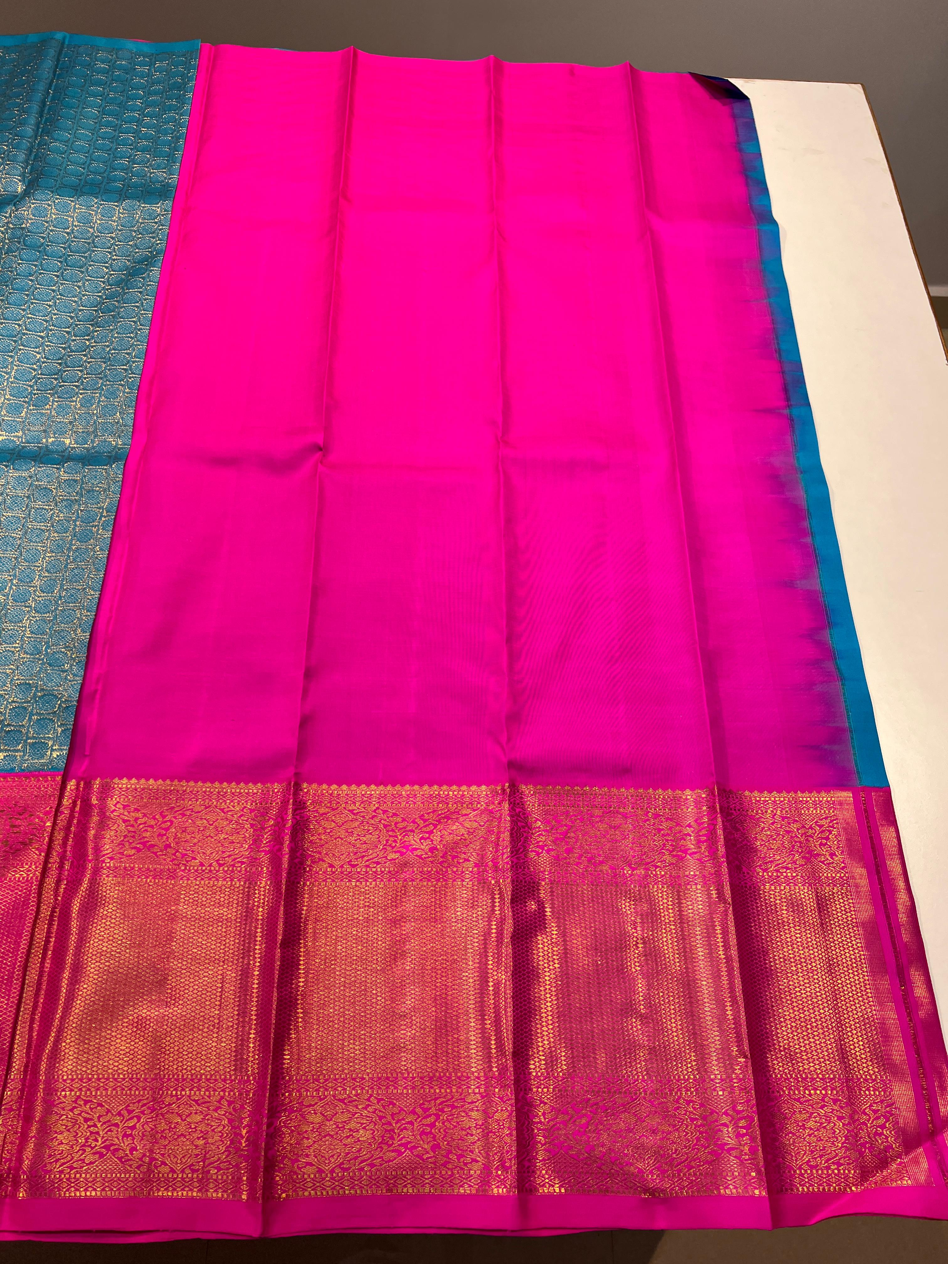 AQUA BLUE/PINK  KANCHI SILK SAREE