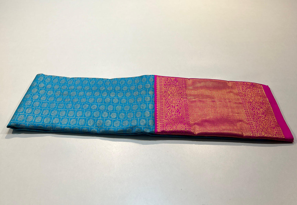 AQUA BLUE/PINK  KANCHI SILK SAREE