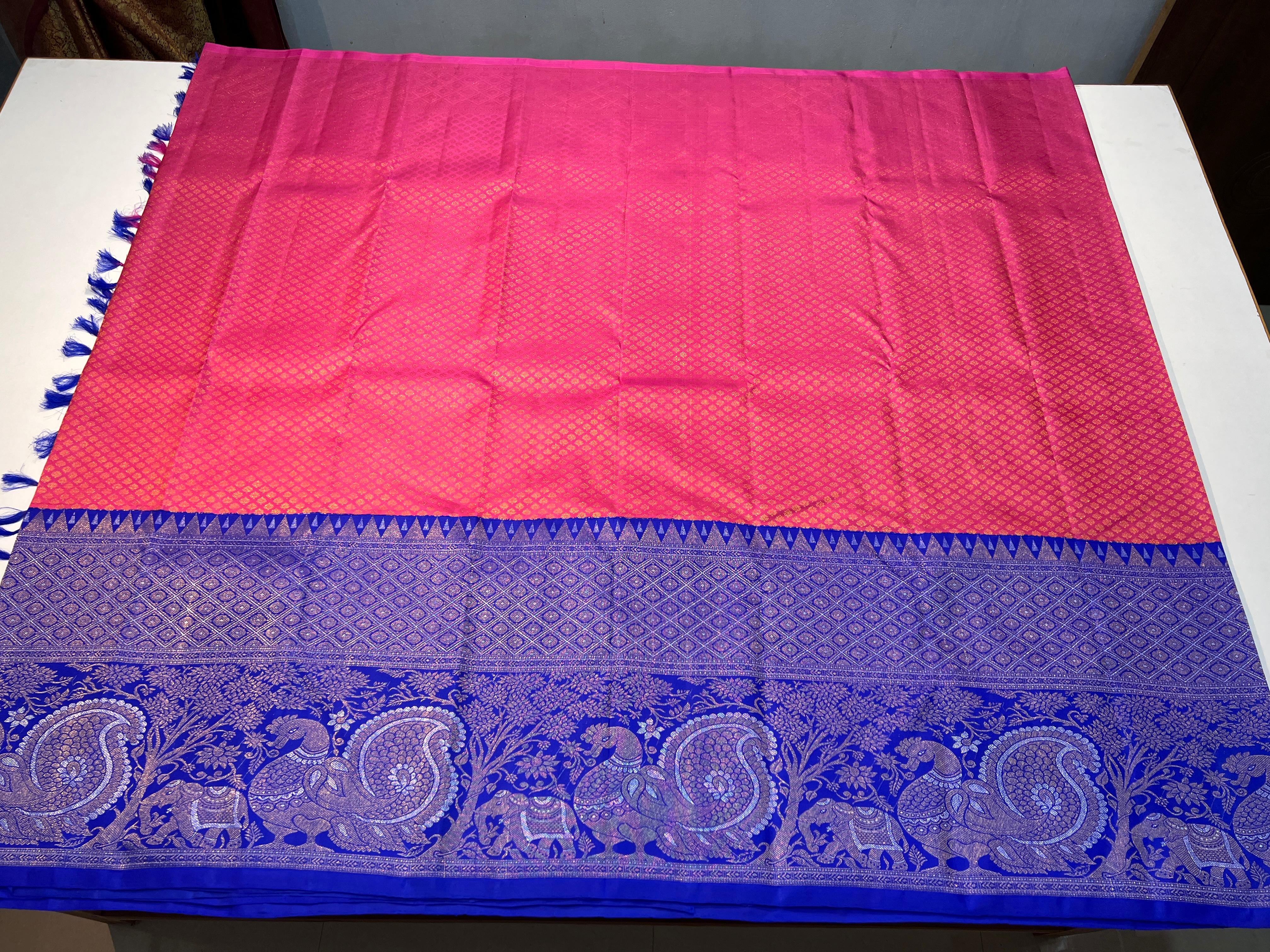 NAVY BLUE/RANI PINK KANCHI SILK SAREE