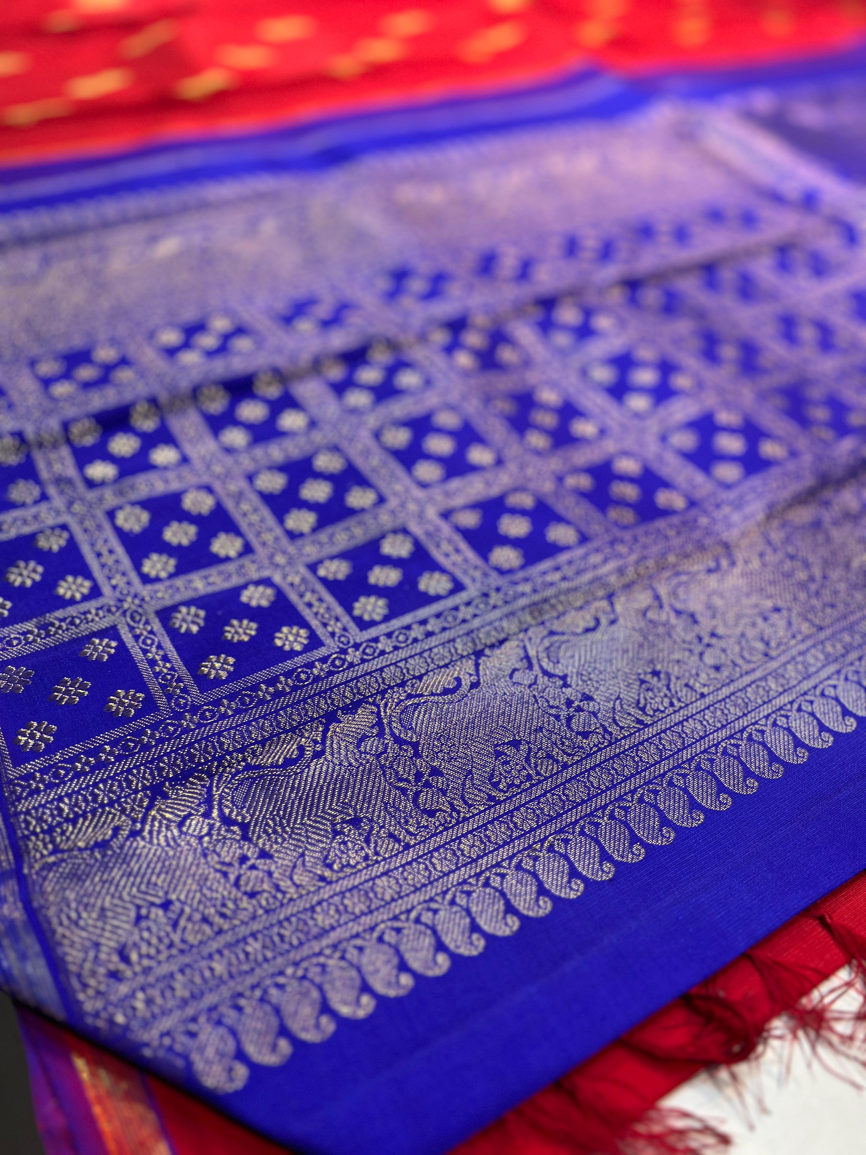 KOORAI RED/BLUE KANCHI SILK SAREE