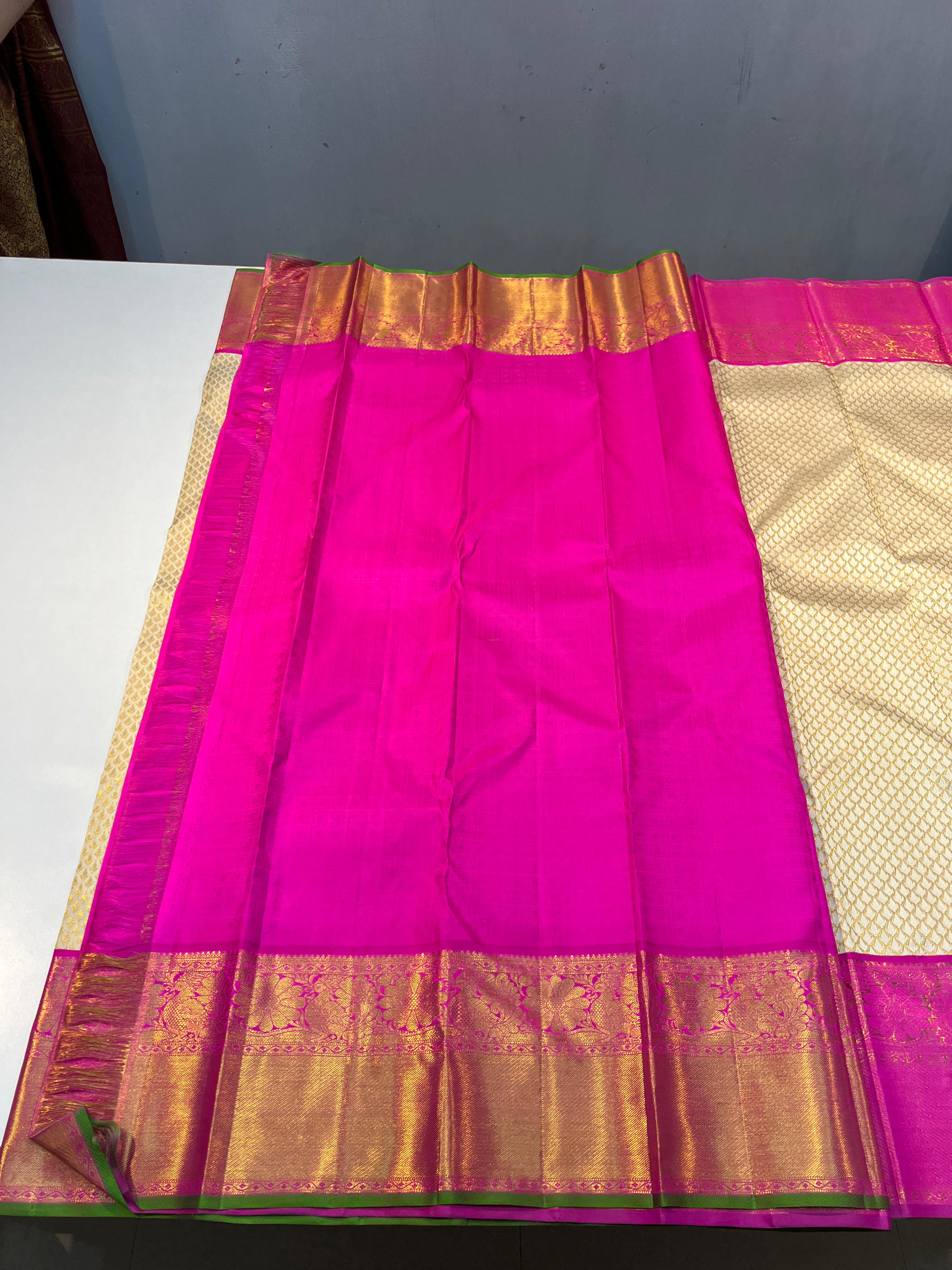 HALF WHITE/RANI PINK KANCHI SILK SAREE