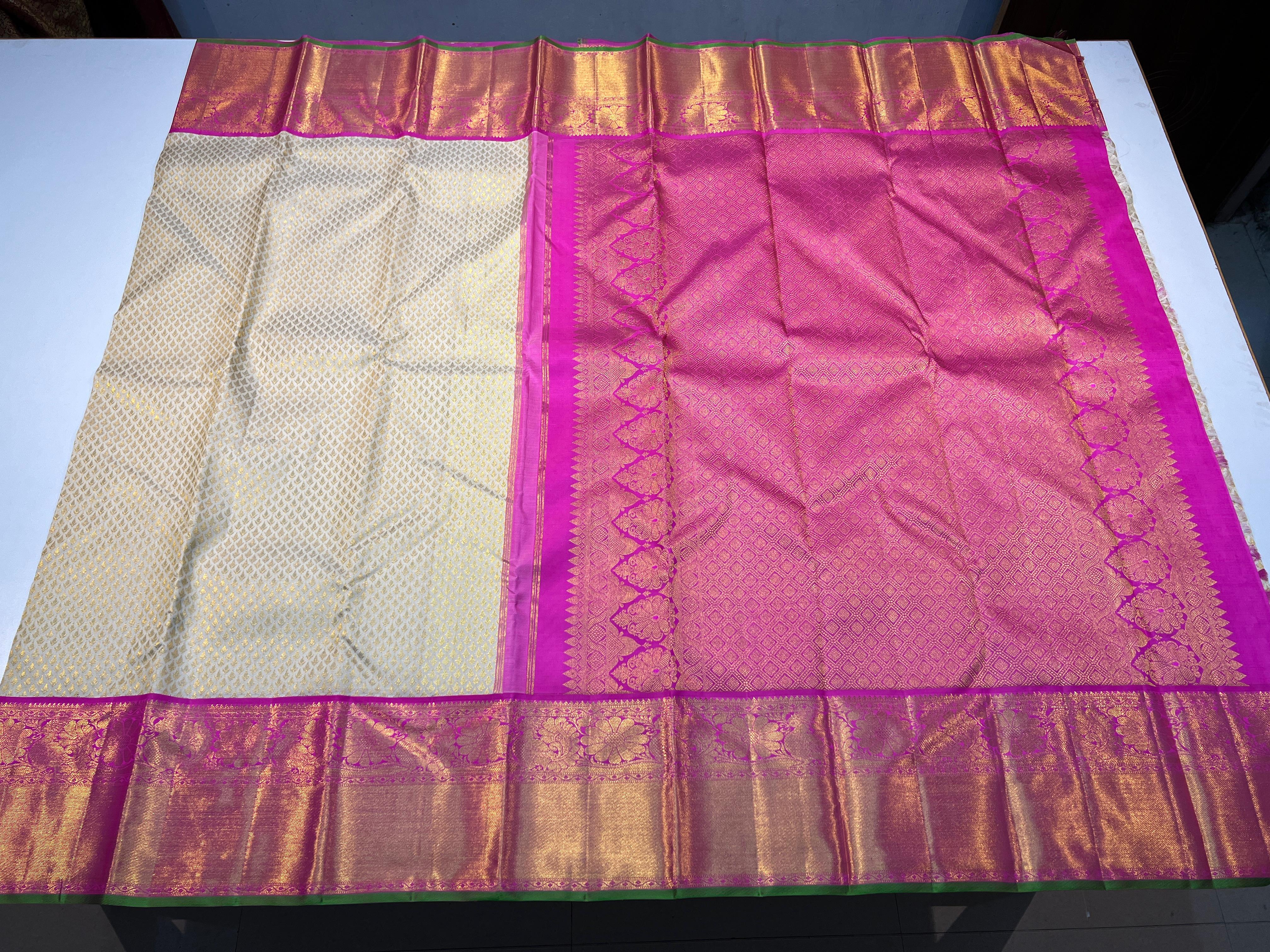 HALF WHITE/RANI PINK KANCHI SILK SAREE