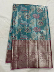 SKY BLUE / PINK BORDER KANCHI TISSUE SAREE