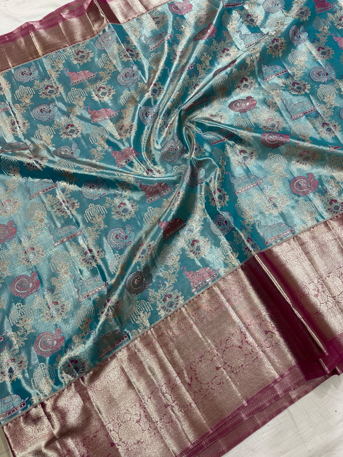 SKY BLUE / PINK BORDER KANCHI TISSUE SAREE