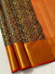 BOTTLE GREEN / ORANGISH RED KANCHI SILK SAREE