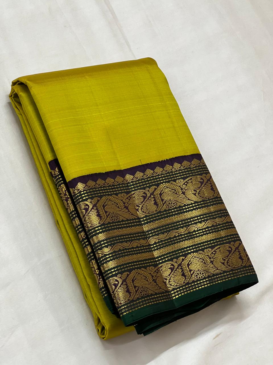 LEMON YELLOW /PURPLE KANCHI SILK SAREE