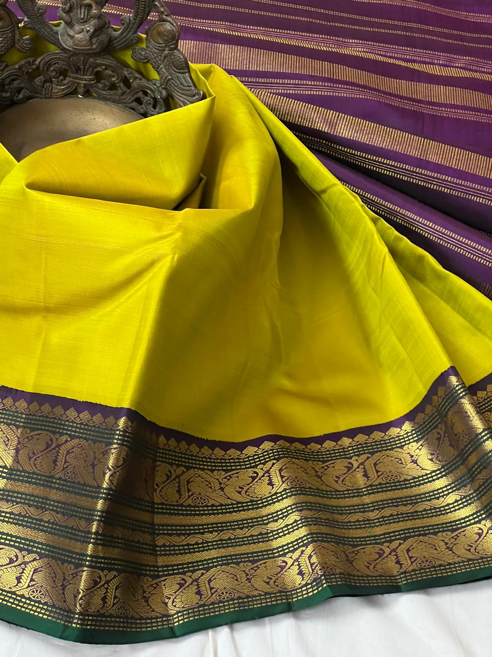 LEMON YELLOW /PURPLE KANCHI SILK SAREE