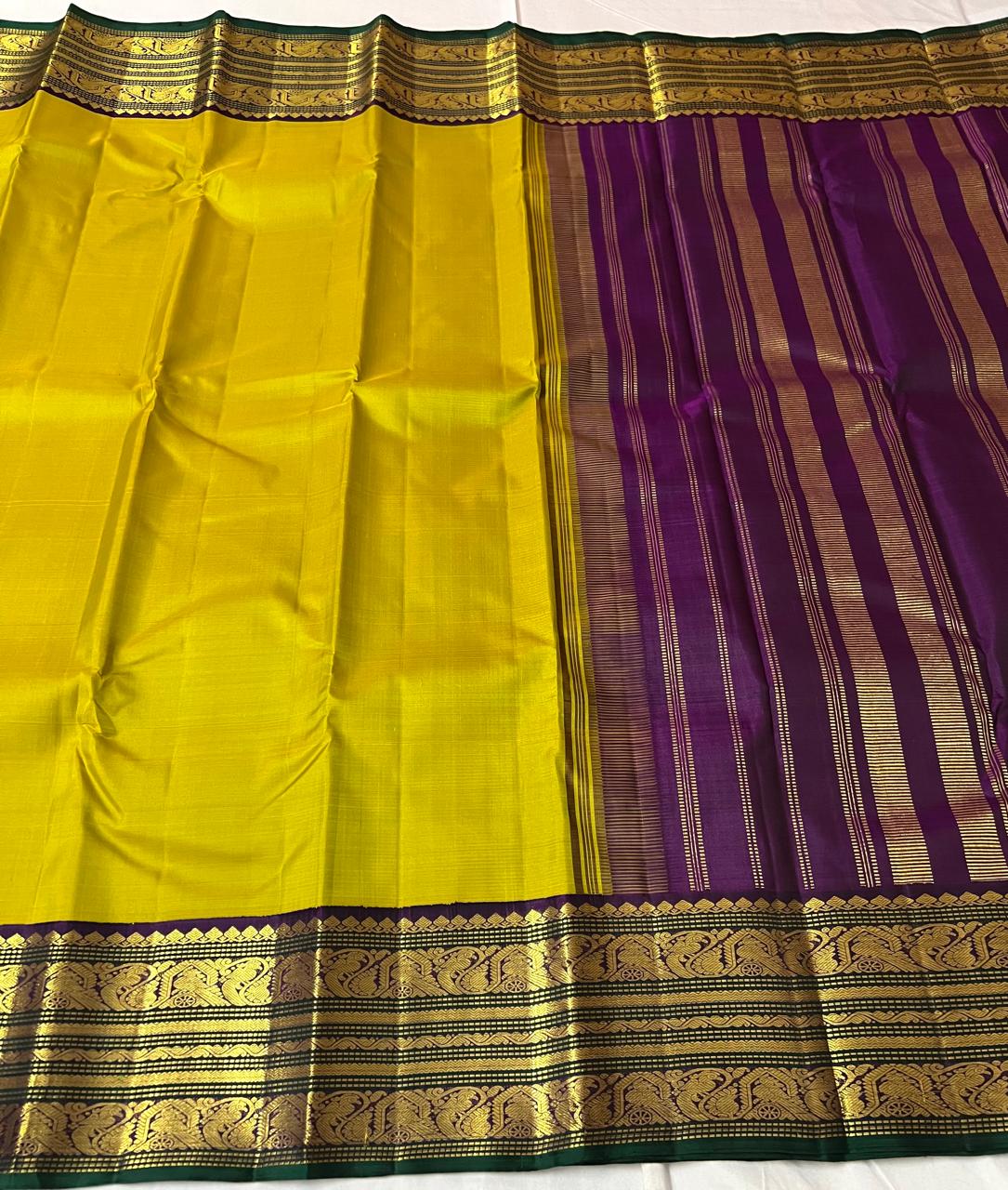 LEMON YELLOW /PURPLE KANCHI SILK SAREE