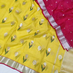 LEMON YELLOW/ DARK PINK ZARI KOTA SAREE