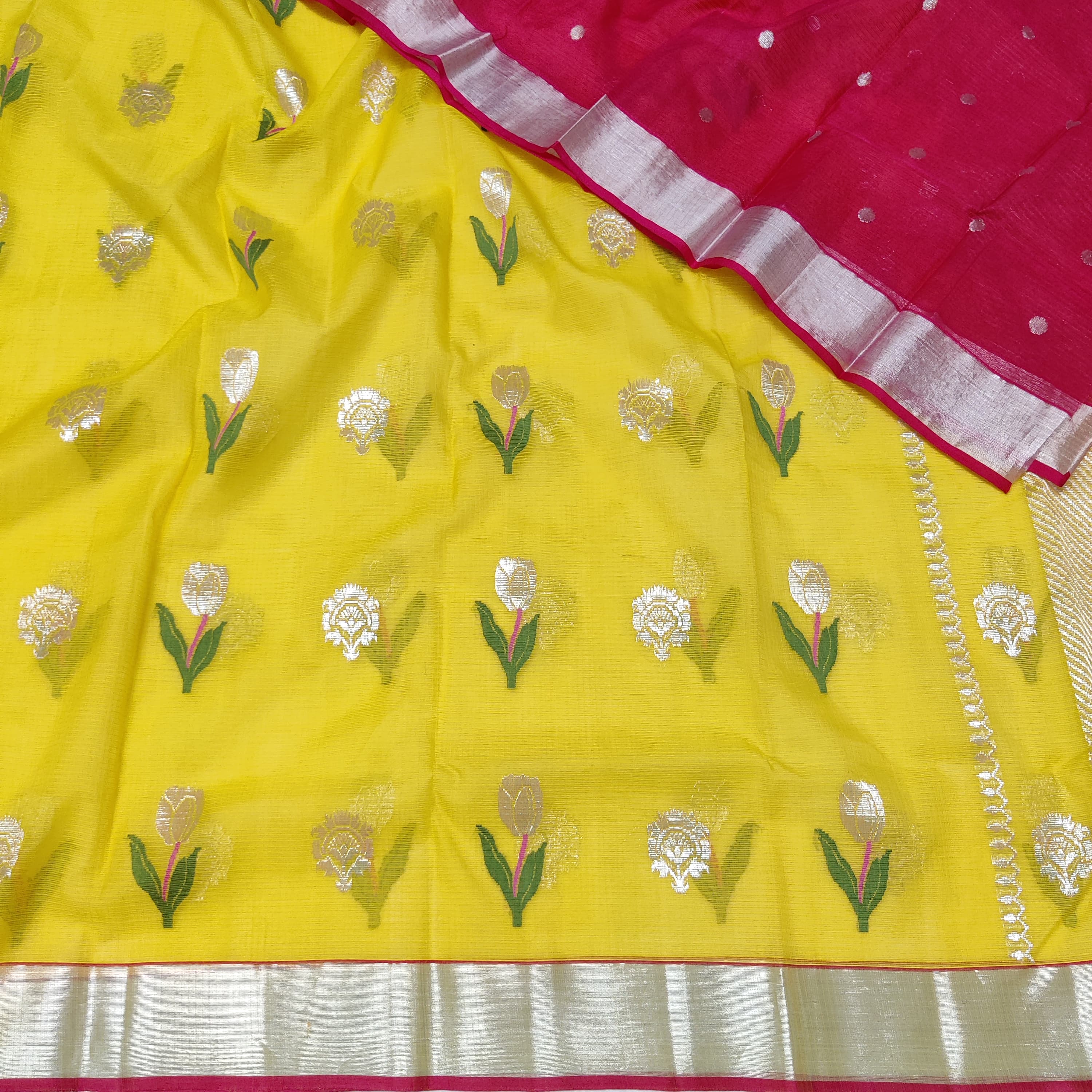 LEMON YELLOW/ DARK PINK ZARI KOTA SAREE