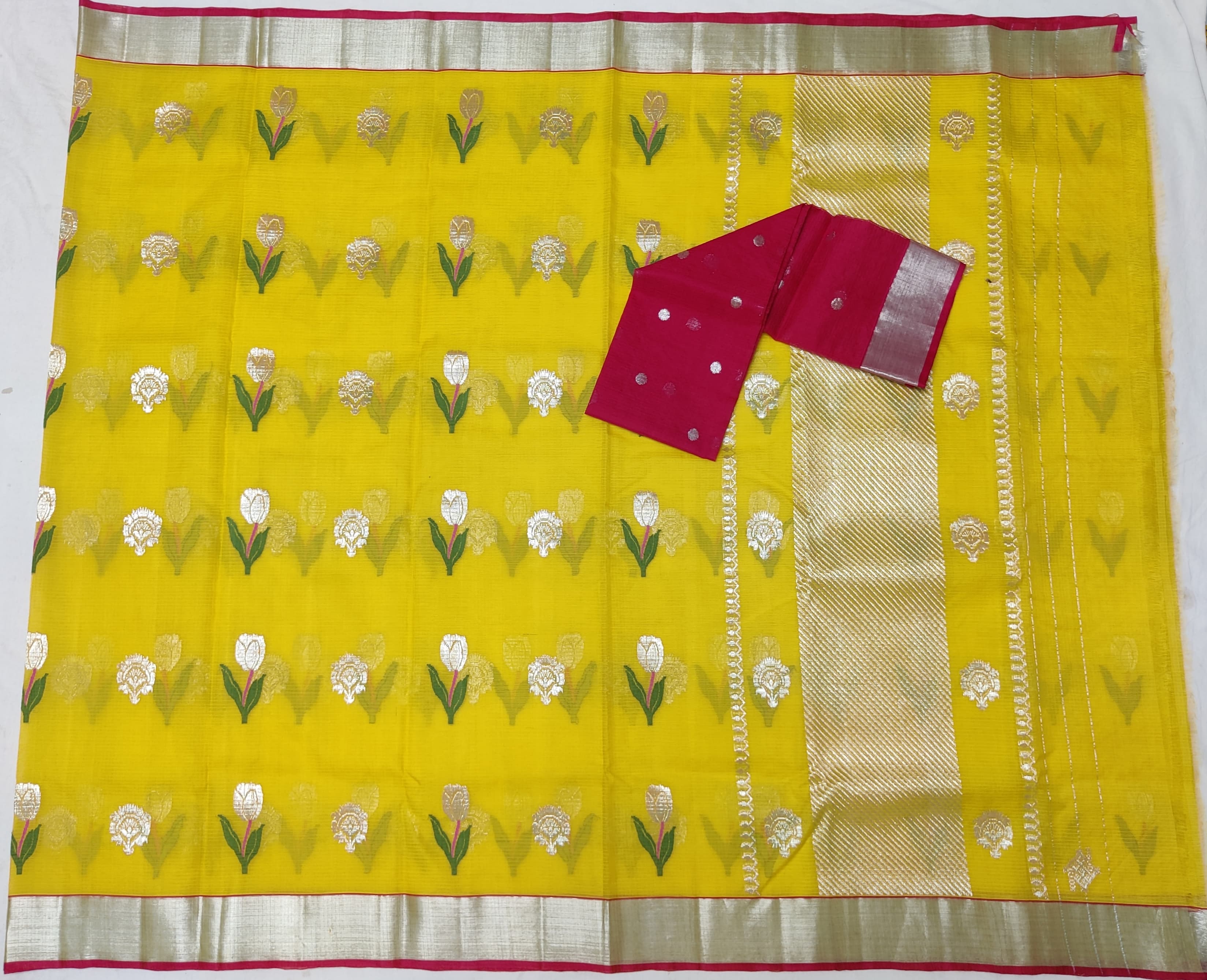 LEMON YELLOW/ DARK PINK ZARI KOTA SAREE