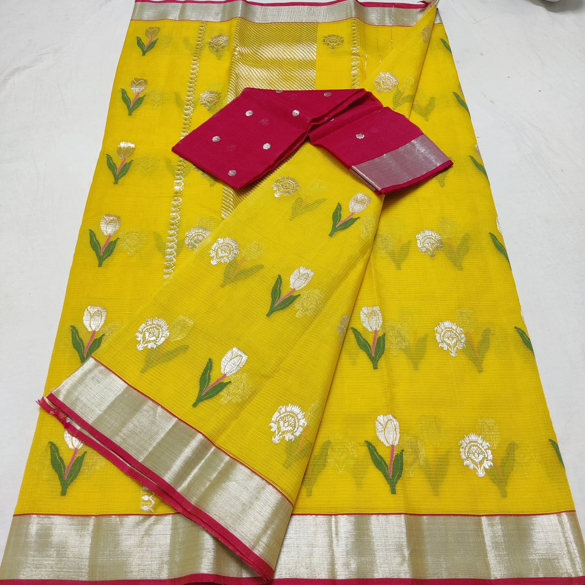 LEMON YELLOW/ DARK PINK ZARI KOTA SAREE