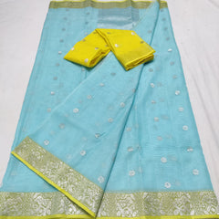 SKY BLUE/LEMON YELLOW  ZARI KOTA SAREE