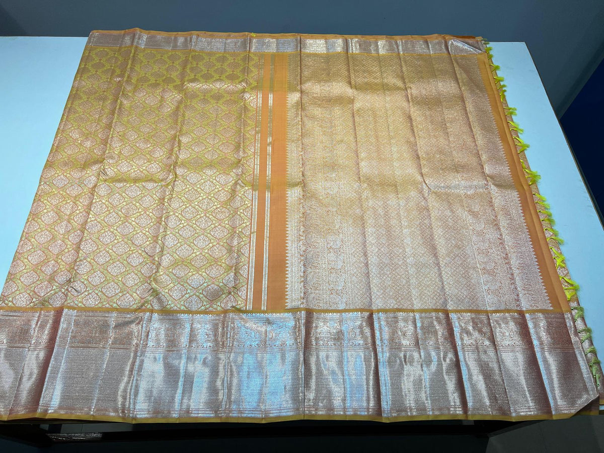 LEMON YELLOW WITH SILVER ZARI KANCHI SILK SAREE