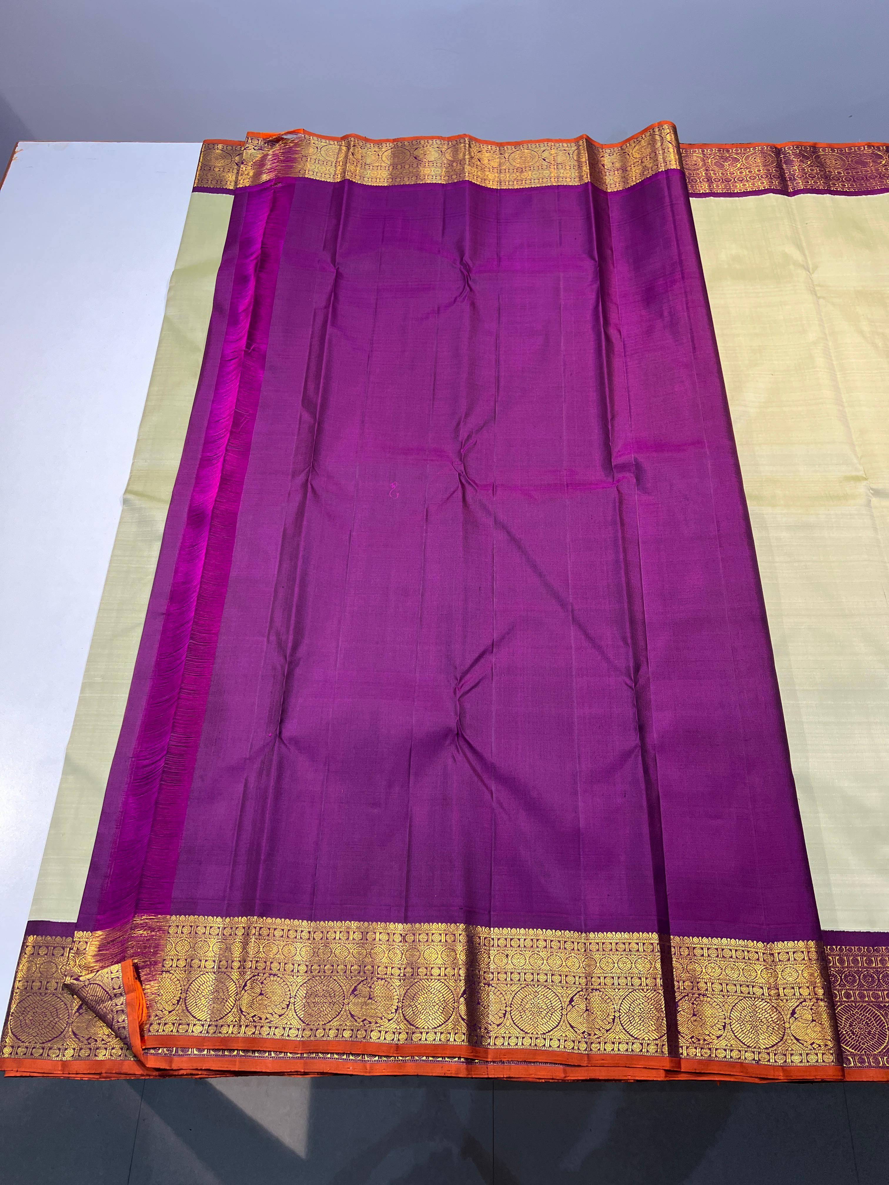 LITE PISTA GREEN/PURPLE COLOUR COMBITION PURE KANCHI SILK SAREE