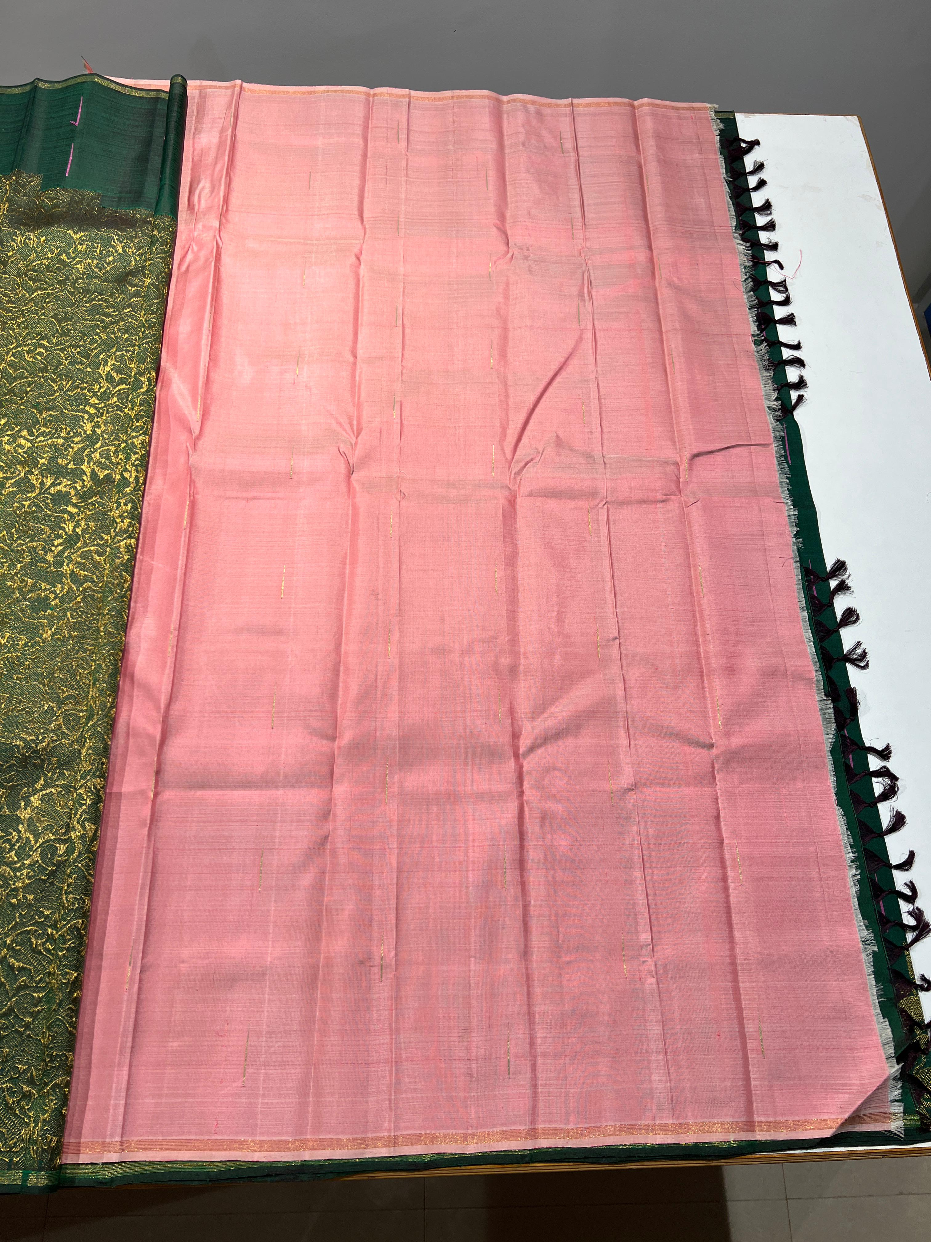 BOTTLE GREEN AND PASTEL PINK COLOUR PURE KANCHI SILK SAREE