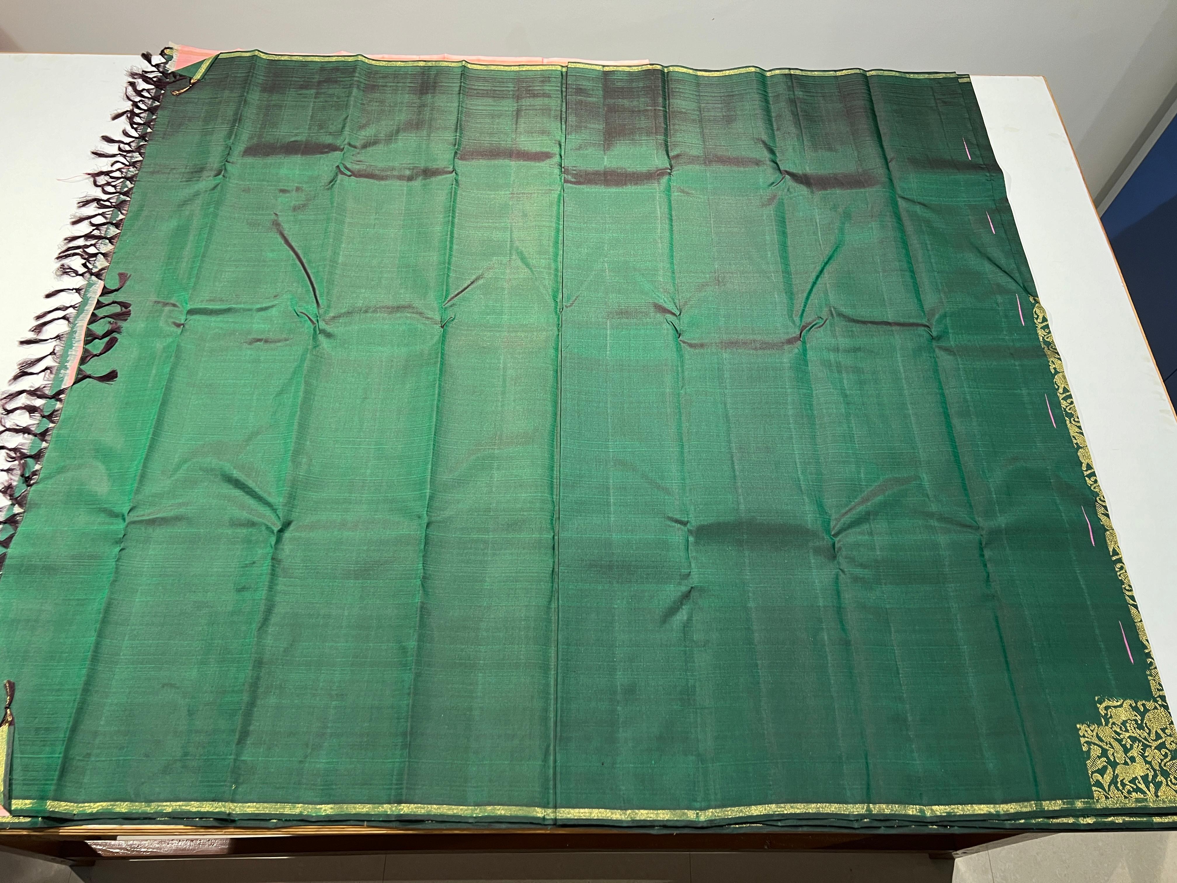 BOTTLE GREEN AND PASTEL PINK COLOUR PURE KANCHI SILK SAREE