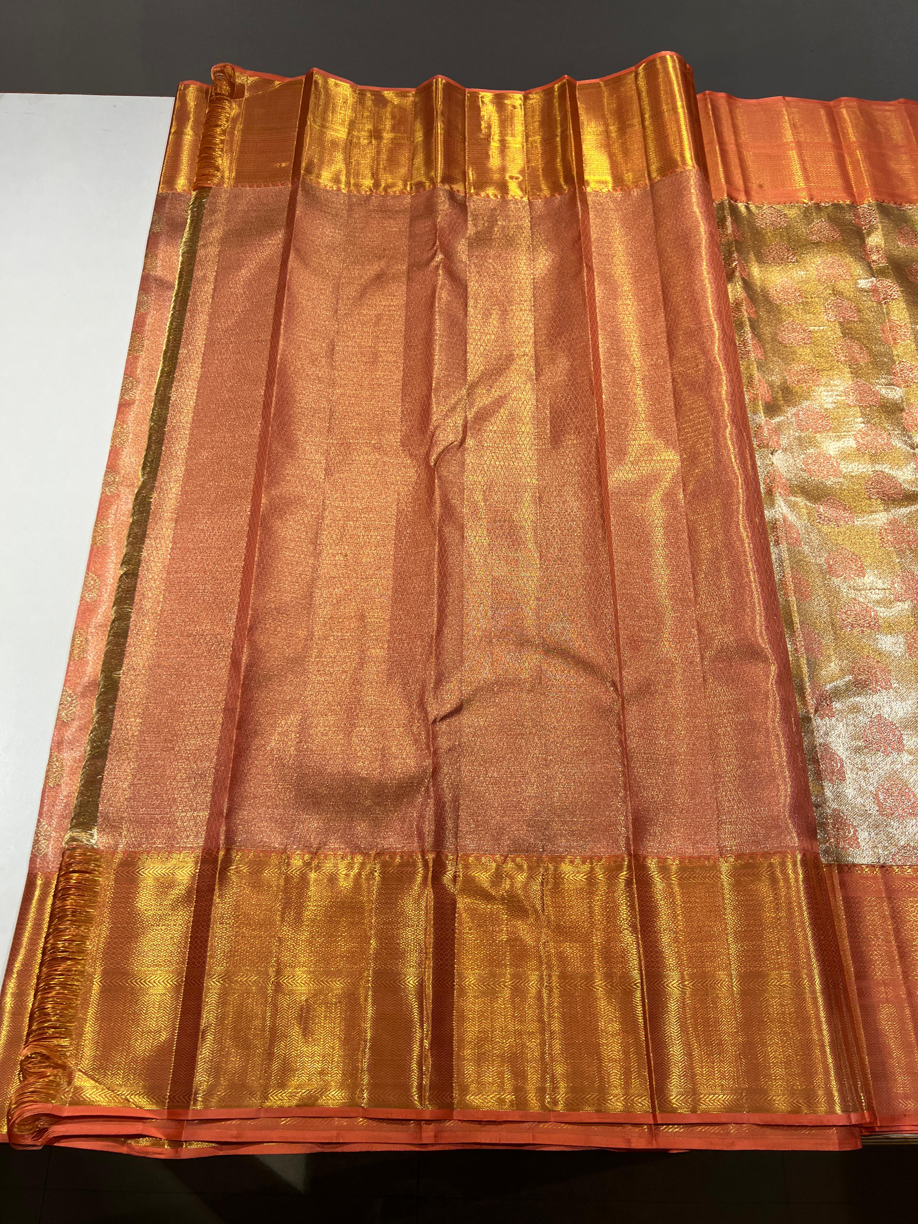 MULTI COLOUR BODY/PEACH COLOUR COMBITION PURE KANCHI SILK SAREE